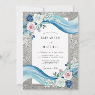 Invitation Ruban de Bleuet d'Argent Mariage Eucalyptus