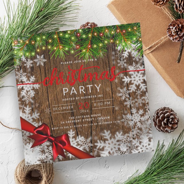Invitation Ruban de la société Xmas Snow & Pine Lights (Rustic Snow & Pine Lights Company Xmas Ribbon Invitation)