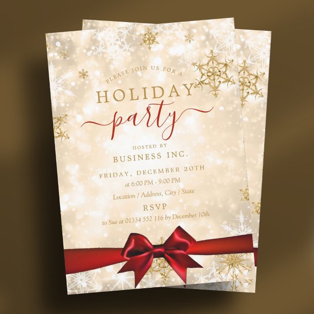 Invitation Ruban d'or officiel Entreprise Fête Rouge (Formal Gold Ribbon Corporate Holiday Party Red Invitation)