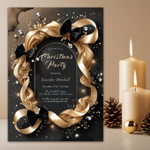 Invitation Ruban doré glamour Noeud noir Soirée de Noël