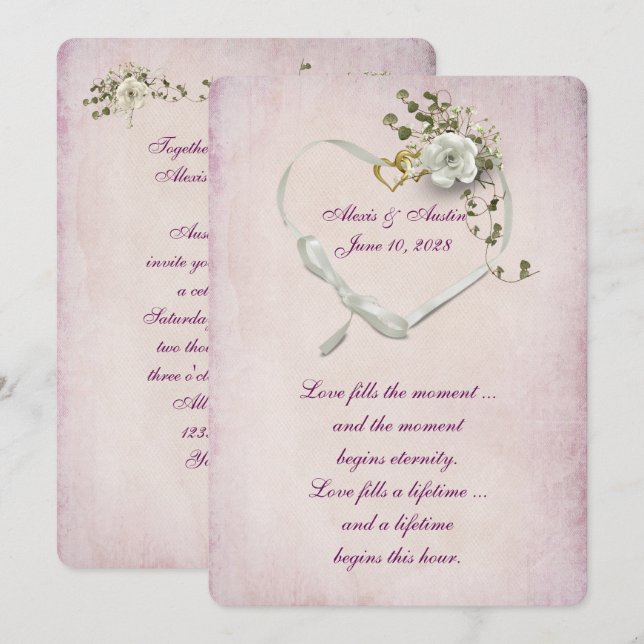 Invitation Ruban du coeur et anneaux mariages sur rose (Devant / Derrière)