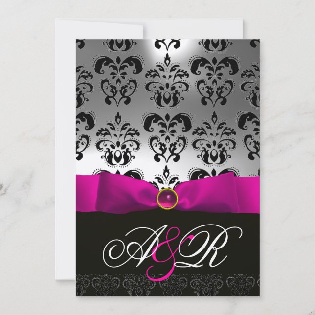 INVITATION RUBAN FUCHSIA BLANC NOIR DAMAS MONOGRAMME (Devant)