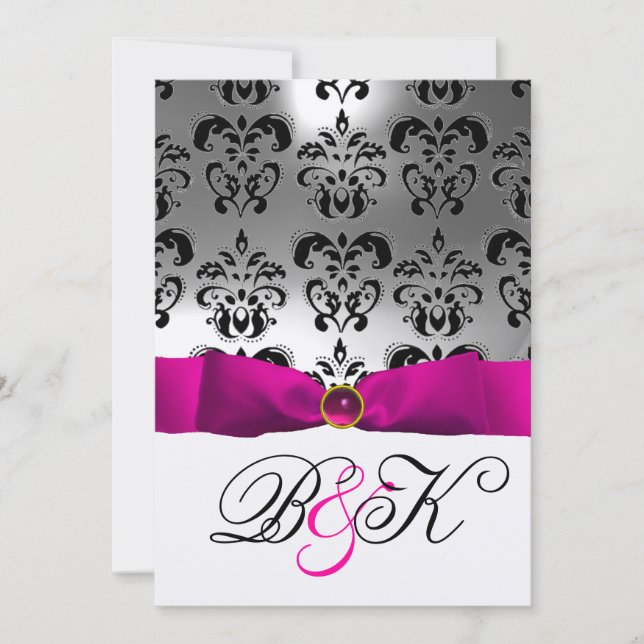 INVITATION RUBAN FUCHSIA BLANC NOIR MONOGRAMME DAMASSÉ (Devant)
