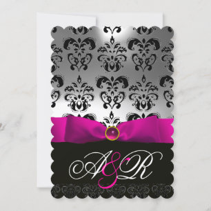 INVITATION RUBAN FUCHSIA BLANC NOIR MONOGRAMME DAMASSÉ