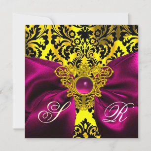 INVITATION RUBAN FUCHSIA OR CŒUR CELTIQUE DAMASSÉ MONOGRAMME