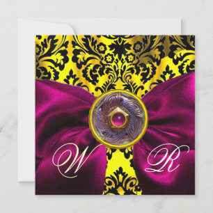 INVITATION RUBAN FUCHSIA OR JAUNE NOIR DAMAS MONOGRAMME