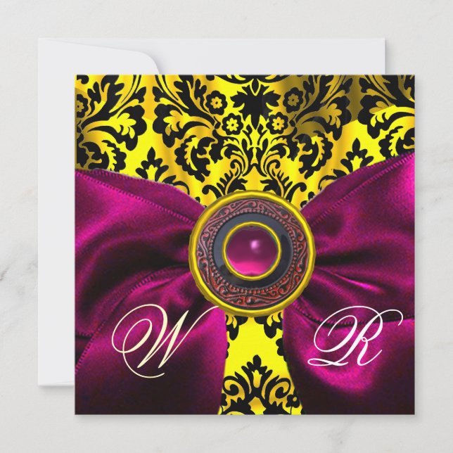 INVITATION RUBAN FUCHSIA OR JAUNE NOIR DAMASSÉ MONOGRAMME (Devant)