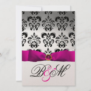 INVITATION RUBAN FUCHSIA OR NOIR DAMAS MONOGRAMME
