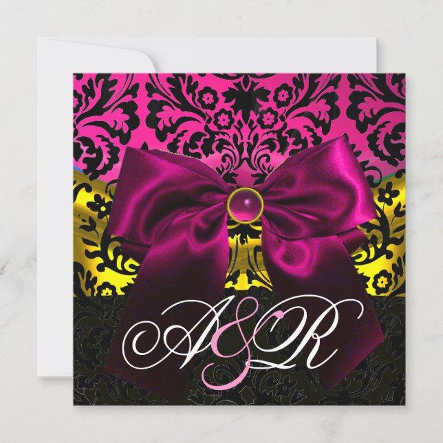 INVITATION RUBAN FUCHSIA OR ROSE NOIR  DAMAS MONOGRAMME (Devant)