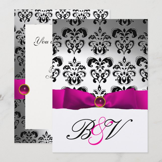 INVITATION RUBAN FUCHSIA ROSE MONOGRAMME DAMASSE NOIR ARGENTE (Devant / Derrière)