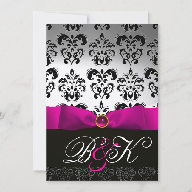 INVITATION RUBAN FUCHSIA ROSE MONOGRAMME DAMASSÉE BLANC NOIR (Devant)