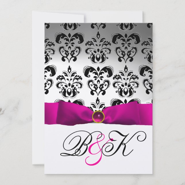 INVITATION RUBAN FUCHSIA ROSE MONOGRAMME DAMASSEE BLANC NOIR (Devant)