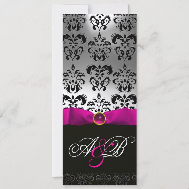 INVITATION RUBAN FUCHSIA ROSE MONOGRAMME DAMASSÉE BLANC NOIR (Devant)