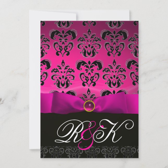 INVITATION RUBAN FUCHSIA ROSE MONOGRAMME DAMASSÉE BLANC NOIR (Devant)