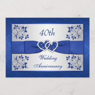 Invitation RUBAN IMPRIMÉ Floral Argent Bleu 40e Anniversaire