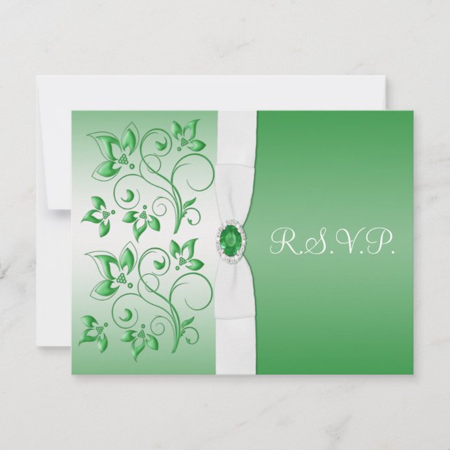 Invitation RUBAN IMPRIMÉ Vert émeraude, Carte-réponse Blanche (Devant)