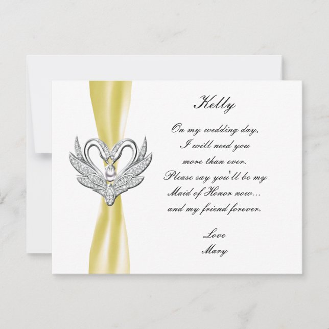 Invitation Ruban Jaune Argent Cygnes Demoiselle d'Honneur Car (Devant)