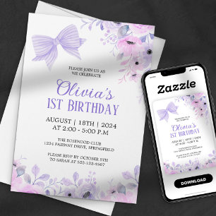 Invitation Ruban Lavande et Aquarelle Florale 1er Anniversair