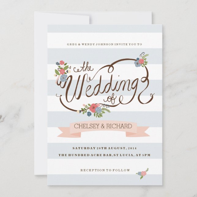 Invitation Ruban Mariage - Bleu (Devant)
