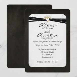 Invitation Ruban Mariage noir dans le coeur de l'or