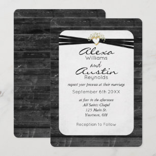Invitation Ruban Mariage noir et coeur sur bois