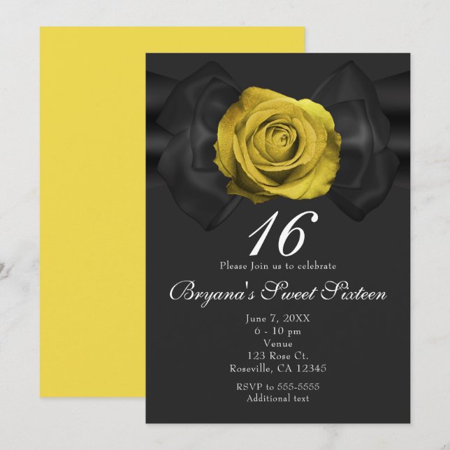 Invitation Ruban noir et rose jaune n'importe quelle invitati (Devant / Derrière)