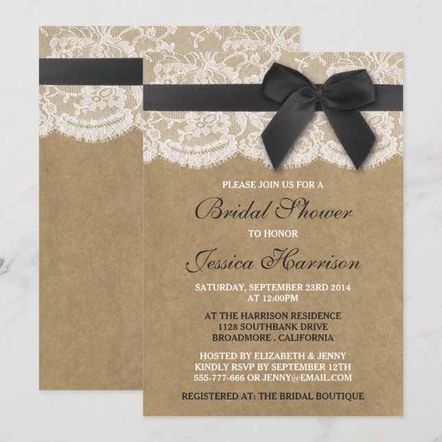 Invitation Ruban Noir Sur Fête des mariées Kraft & Dentelle (Devant / Derrière)