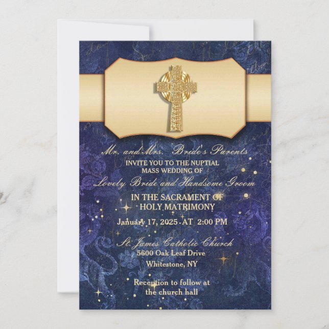 Invitation Ruban Or Avec Croix Celtique Or (Devant)