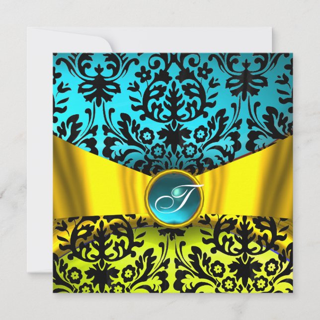 INVITATION RUBAN OR JAUNE BLEU CANARD BLEU NOIR DAMASSE MONOG (Devant)