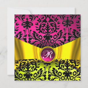 INVITATION RUBAN OR JAUNE FUCHSIA NOIR DAMAS MONOGRAMME