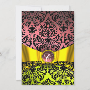 INVITATION RUBAN OR JAUNE NOIR ROSE DAMAS MONOGRAMME