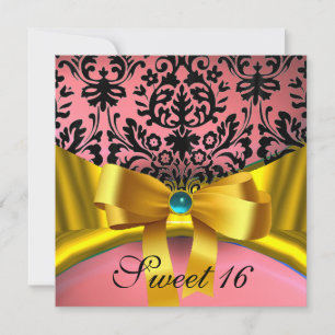 INVITATION RUBAN OR JAUNE ROSE NOIR DAMAS