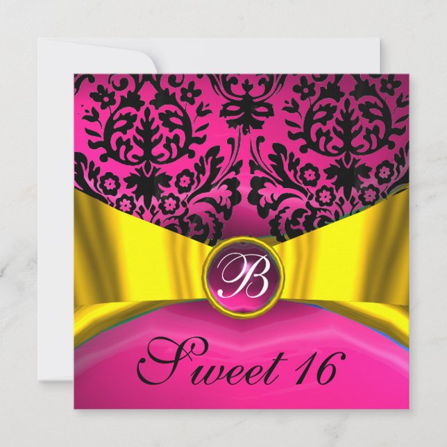 INVITATION RUBAN OR JAUNE ROSE NOIR DAMAS MONOGRAMME (Devant)