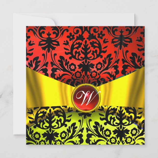 INVITATION RUBAN OR JAUNE ROUGE NOIR DAMAS MONOGRAMME (Devant)