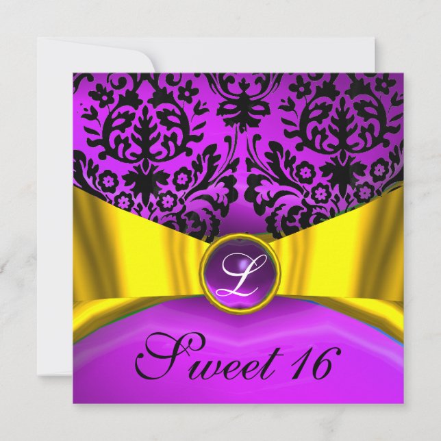 INVITATION RUBAN OR JAUNE VIOLET NOIR DAMAS MONOGRAMME (Devant)