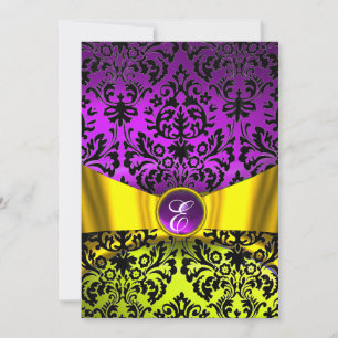 INVITATION RUBAN OR JAUNE VIOLET NOIR DAMAS MONOGRAMME