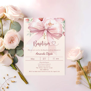 Invitation Ruban rose crème fleurs fille Baptême