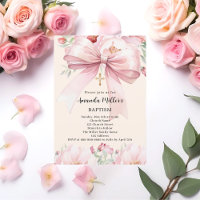 Ruban rose crème fleurs fille Baptême