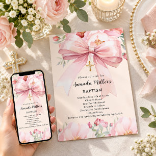 Invitation Ruban rose crème florales fille Baptême
