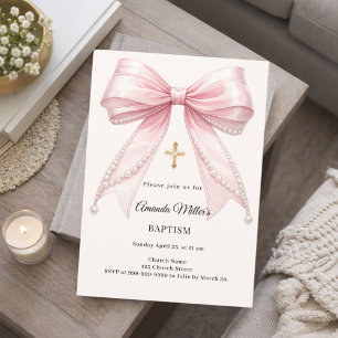 Invitation Ruban Rose Crème Perles Fille Élégant Baptême