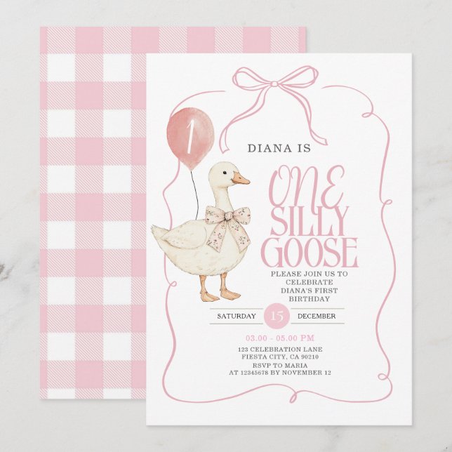 Invitation Ruban ROSE En vichy une oie sotte Anniversaire (Devant / Derrière)