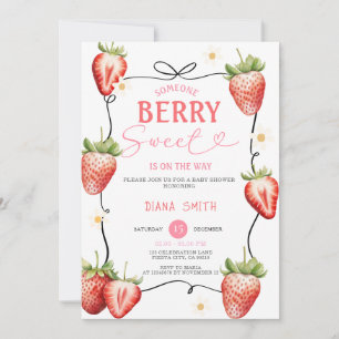 Invitation Ruban Rose Fête de Bébé aux Fraises Sucrées
