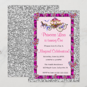 Invitation Ruban Rose Paillettes Argentées Anniversaire Princ