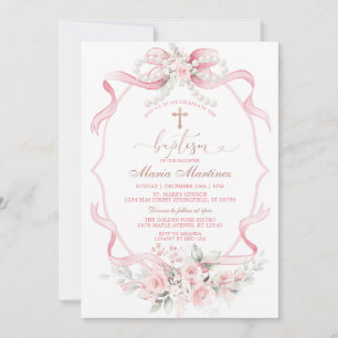 Invitation Ruban Rose Pâle Perle Floral Christening Baptême