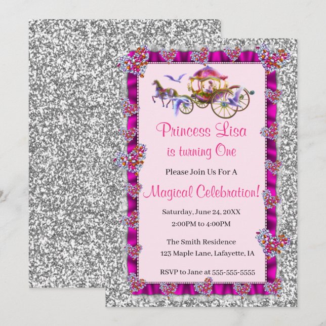 Invitation Ruban rose Parties scintillant d'argent Royal Prin (Devant / Derrière)