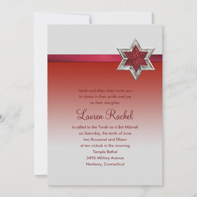 Invitation Ruban rouge bat mitzvah et étoile (Devant)
