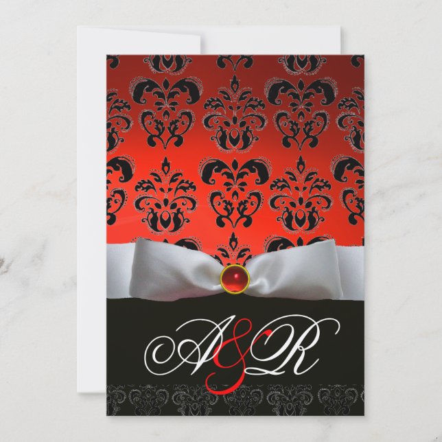 Invitation RUBAN ROUGE BLANC & MONOGRAMME EN DAMAS NOIR Rubis (Devant)