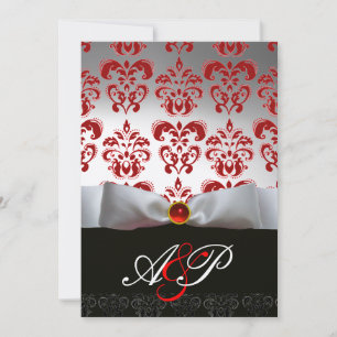 Invitation RUBAN ROUGE BLANC & MONOGRAMME EN DAMAS NOIR Ruby