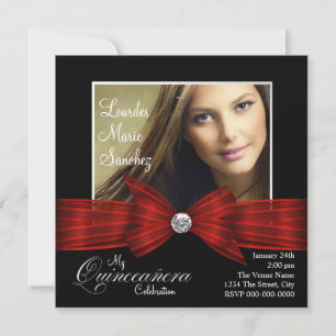 Invitation Ruban Rouge Élégant Photo Quinceanera Noir Rouge