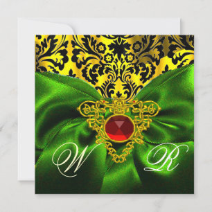 INVITATION RUBAN ROUGE ET VERT OR CŒUR CELTIQUE DAMAS MONOGRA